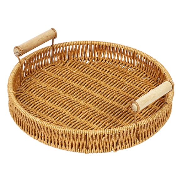 LEHOZIHEQ Round Rattan Serving Tray with Handles, Hand Woven Basket, Home Decor Organizer Tray for Breakfast, Tea, Snack, Fruit, Coffee, Storage