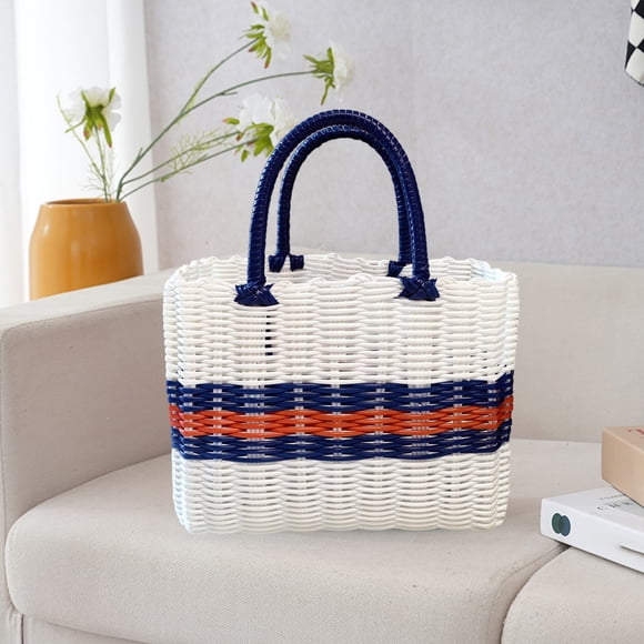 RRJ Hand Woven Plastic Storage Basket, Multi-Functional Portable Storage Box With Handle, Organizer For Home Bathroom Kitchen Office Shopping Laundry Room Decor
