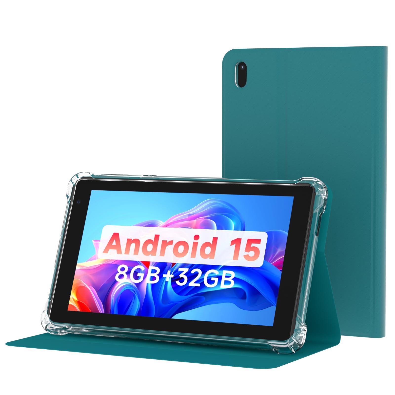 PEICHENG Tablet with Protective Case 7"" IPS 1024 * 600 Android 15.0 Tab PC RAM 8GB(3+5Expand)+ROM 32GB Bluetooth 5.0 WiFi6 2.4G+5G 2MP+5MP Dual Cameras (Blue)