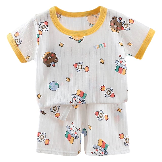 BOBOGOJP Pyjama 2 Doux à Manches Courtes Ensemble de Pyjama d'Été Extensible Court Vêtement de Nuit Grand (Jaune, 2-3 Ans)