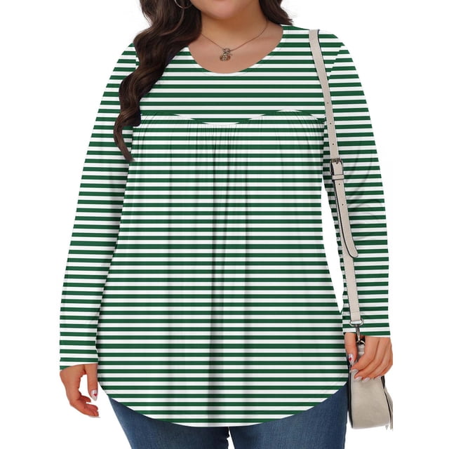 Mevxay Blouse à Rayures pour Femme Grande Taille Chic Décontractée T-Shirts Plissés Manches Longues Col Ras du Cou Tunique Fluide Hauts Vert 4TG