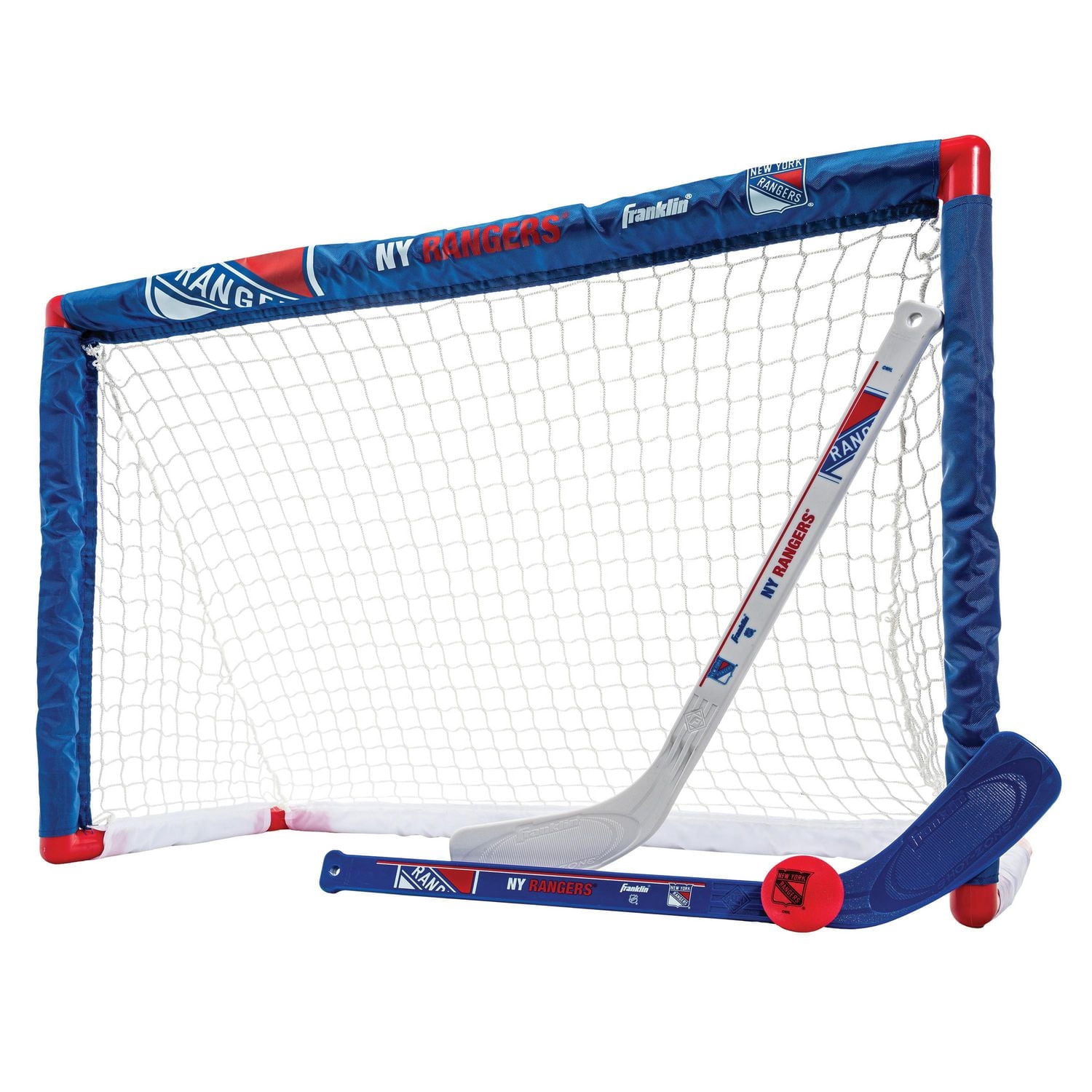 Franklin Sports Ensemble de mini hockey Rangers de la NHL – But de hockey intérieur pour enfants, ballon, 2 mini bâtons de hockey