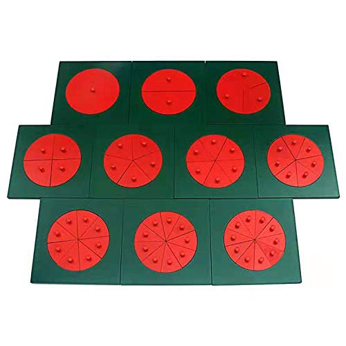 IFIT Montessori Cercles de fractions en Bois avec des Encarts en Bois Rouges dans des Cadres en Bois Verts. l'Ensemble Comprend des Cercles Divisés Progressivement en sections Plus Petites, Conçus pour Enseigner les fractions, l'Équivalence, les Fonctions Arithmétiques, les Décimales et la Mesure des Angles. Matériaux de Mathématiques Montessori Idéaux pour l'Apprentissage STIM. Chaque Cadre Mesure 14 cm x 14 cm.