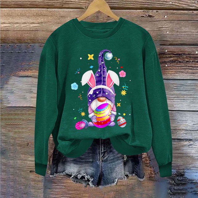 EGNMCR T-Shirt Imprimé de Pâques T-Shirts Graphiques pour Femmes Chemises pour Femmes Journée de Pâques Chandail à Capuchon Imprimé à Col Rond pour Femmes Haut à Manches Longues T-Shirts pour Femmes