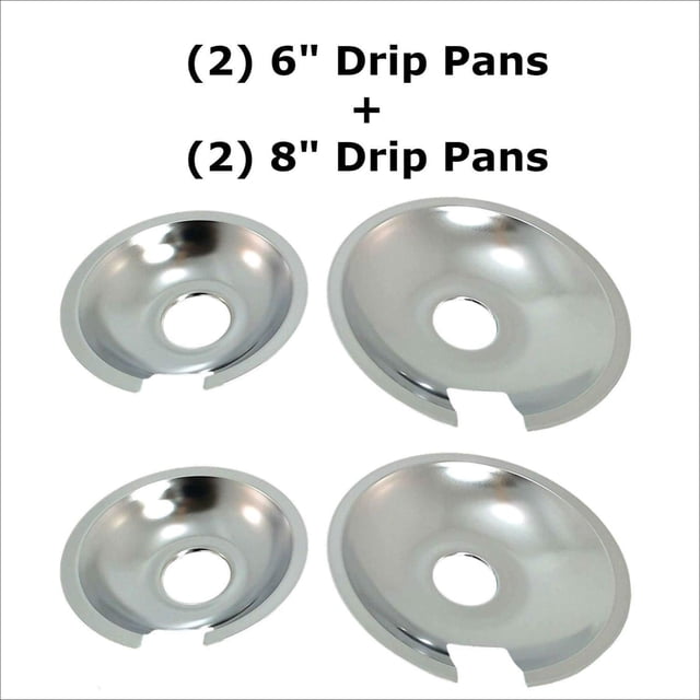 Kitchen Basics 101 set of 4 range cooktop drip pan replacements for Jenn Air, including two 6-inch pans (model 715877) and two 8-inch pans (model 715878). The pans feature a chrome finish and are designed to collect drips and spills around burners, preventing grease and debris buildup. Suitable for most Jenn Air models, these pans measure 6.25 inches and 8 inches in diameter respectively.