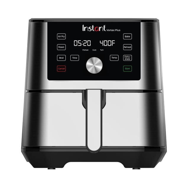 Instant Pot Vortex Plus Air Fryer 6 quart with a front-facing stainless steel and black design, digital touchscreen display showing preset functions like Air Fry, Roast, Broil, Bake, Reheat, and Dehydrate, time and temperature controls, and a central silver control knob.