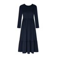 thumbnail image 3 of Liquidation! Hontri Robes pour Femmes 2024 Robe à Col Rond Plissée Unie à Manches Longues Évasée Décontractée Robes pour Femmes Bleu Marine,P, 3 of 4