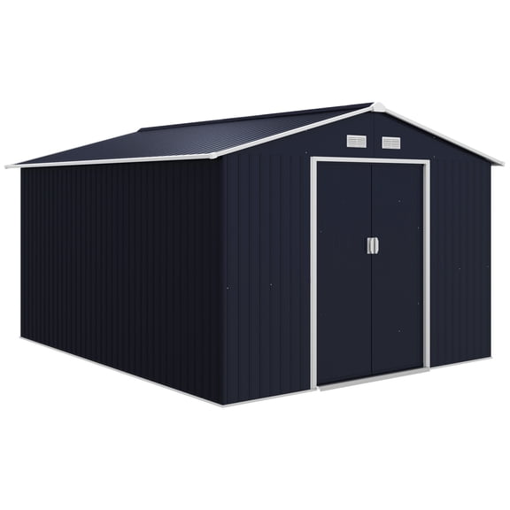 Outsunny Remise de Jardin 9 Pieds x 11 Pieds avec Trousse de Fondation, Cabanon de Rangement d'Outils en Métal avec Doubles Portes pour Patio et Cour Extérieurs, Gris Foncé