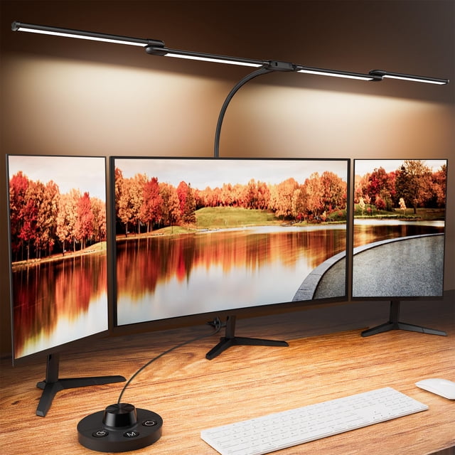 BINNIWEN Desk Lamp, Clamp 24W, Ultra Wide 4 Head Bars, 5 Color Modes Dimming, Multi-Screen Setup Desk Light for Home Office, Architect (Black, Adapte