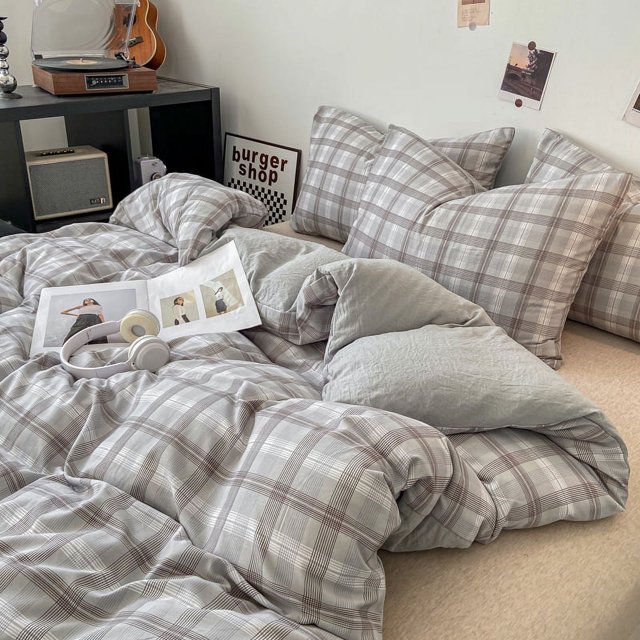 Plaid Printed 100% Polyester Double Sided Bedding Duvet Cover Set 300TC For Home