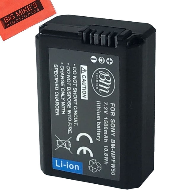 BM Premium NP-FW50 Batterie pour Appareils Photo Numériques Sony Alpha, Conçue pour des Modèles comme Alpha 7, NEX-5 et DSC-RX10. Offre une Capacité de 1500 mAh, 7,2 volts et une Chimie Li-ion de 10,8 Wh avec des Circuits Avancés et une Conception Sans Mémoire. Comprend des protections de Sécurité et un Chiffon de Nettoyage en Microfibre, Idéal pour le Remplacement de la Batterie d'Appareil Photo.
