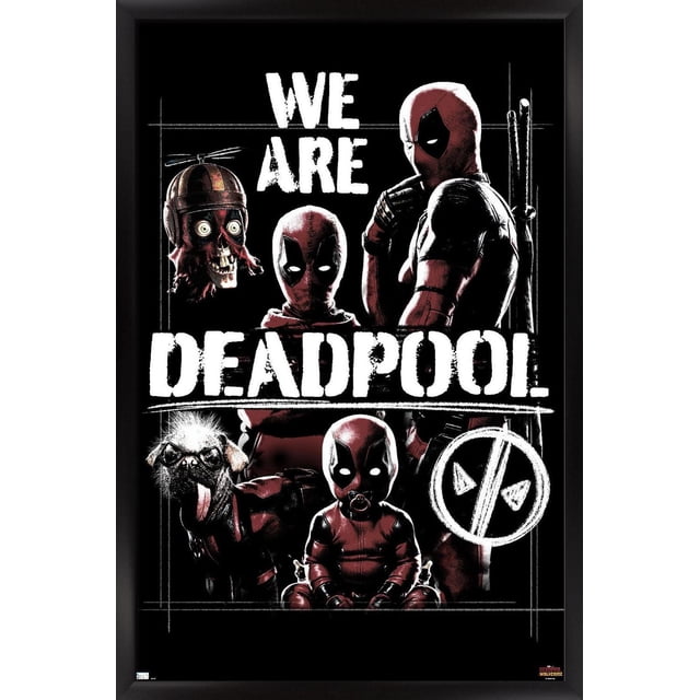 Marvel Deadpool & Wolverine - Affiche Murale « We Are Deadpool » avec Cadre Magnétique, 22,375 Po x 34 Po Présentant une Oeuvre de Bande Dessinée Haute Résolution de Deadpool sous Diverses Formes, Incluant une pose Debout avec des Épées, un Bébé Deadpool avec une Suce, un Chien Portant des Lunettes et un Crâne de Dessin Animé avec un Chapeau à Hélice, Ensemble sur Fond Noir avec Texte Blanc Audacieux « We Are Deadpool » pour une Déco Murale Frappante.