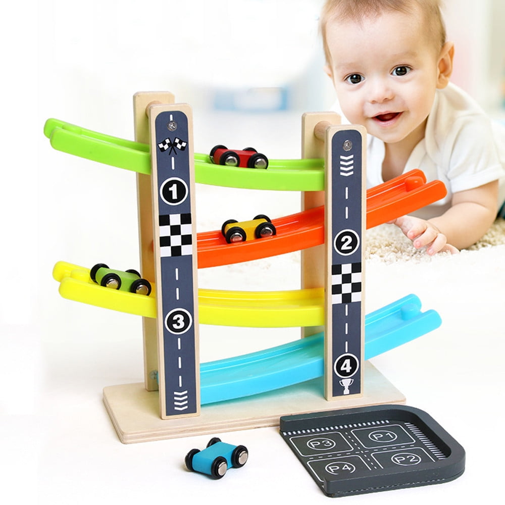 Voiture Rampe de Course Jouets, Circuit Rampe avec 4 Mini Voitures et 3 Boules de Bowling, Toboggan Bois, Glissière en Zigzag Jeu pour Enfants 1-3 Ans
