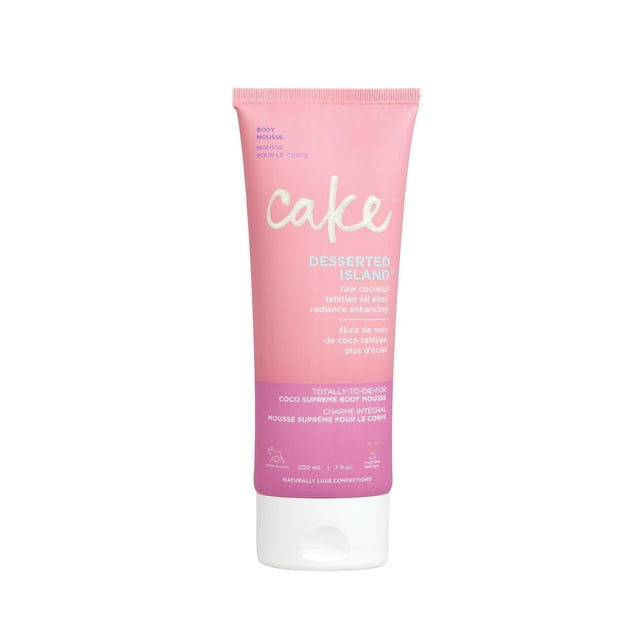 Mousse pour le Corps Cake Beauty, lotion Corporelle Hydratante en Forme d'Île Serrée, en tube Rose de 200 ml avec Capuchon Rabattable Blanc, Infusée d'Élixir d'Huile de Coco Tahitienne Brute et de Beurre de Mangue, Conçue pour Rehausser l'Éclat et Hydrater la Peau Sèche avec un Parfum de Noix de Coco et d'Ananas.