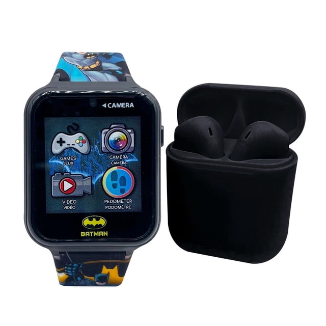 Batman Touch Screen Interactive Watch with Bonus Earbuds showing a black square touchscreen with icons for games, camera, video, and pedometer, paired with a Batman-themed blue and black strap, alongside black wireless earbuds in an open charging case, ideal for children and compatible with Bluetooth devices.