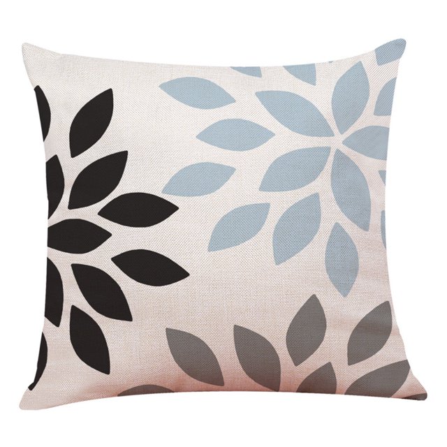 Home Decor Throw Pillow Covers with a simple geometric design featuring multicolor leaf patterns in black, blue, and gray on a linen blend fabric. This decorative pillow cover measures 45 x 45 cm and is ideal for enhancing sofas, beds, or chairs. Pillow insert not included. Often used to refresh home decor with seasonal style changes.