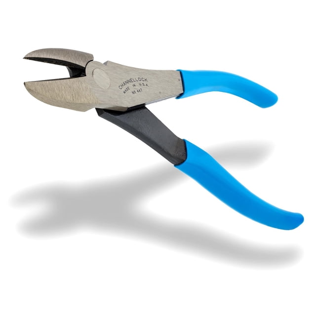 CHANNELLOCK 8" HL Diag Cutting Plier with curved diagonal cutting edges forged from laser heat-treated high carbon alloy steel, featuring blue ergonomic grips for comfort, shown angled on a white background, ideal for precise wire cutting and trimming tasks.