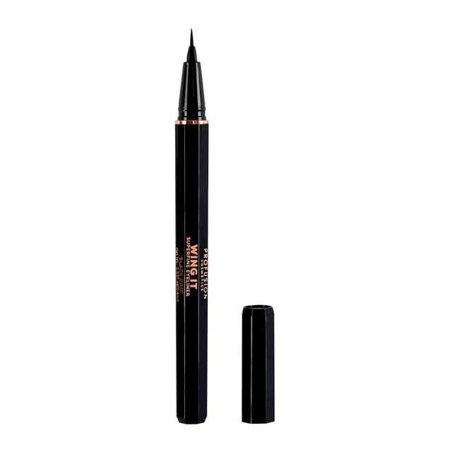 PROFUSION COSMETICS Wing It Superfine Eyeliner featuring a slim black hexagonal pen with a superfine micro tip applicator for precise cat-eye and liquid eyeliner application, shown uncapped on a white background.