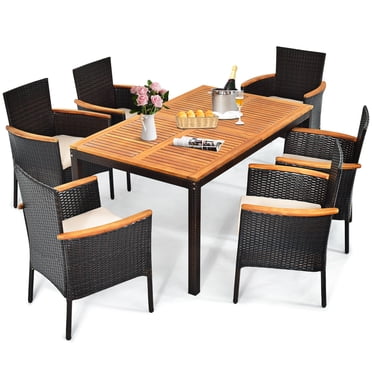 Patiojoy Ensemble de Salle à Manger d'Extérieur 7 Pcs Ensemble de Table et Chaises en Rotin pour Patio avec Trou pour Parasol