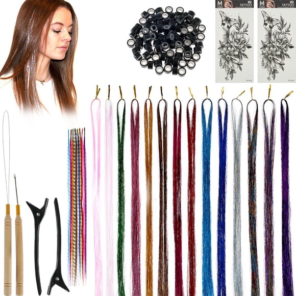 Hair Tinsel Kit Tinsel 14 Colors Washable Tinsel Hair Extensions with Tools Fashion Fairy Hair Feather Tinsel Tool Set Sparkling Hair Glitter for Women Girls Hair Accessories