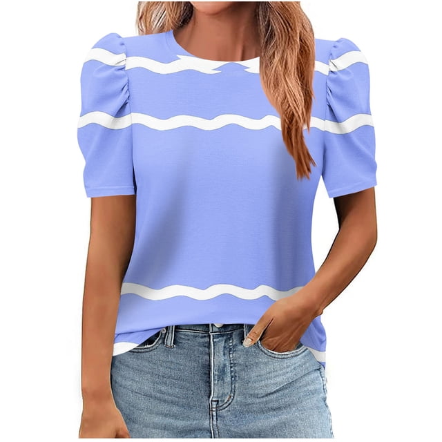 Pisexur Hauts pour Femmes, Hauts de Sortie pour Femmes & T-Shirt à Manches Courtes Col Rond Imprimé, Haut Ample, Hauts de Printemps pour Femmes Bleu Ciel, m