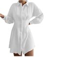 thumbnail image 1 of Womens Plus Size Puff Long Sleeve Mini Shirts Dress Button Down Turndown Collar Short Blouse Dress Ruched Plain Dress, 1 of 5
