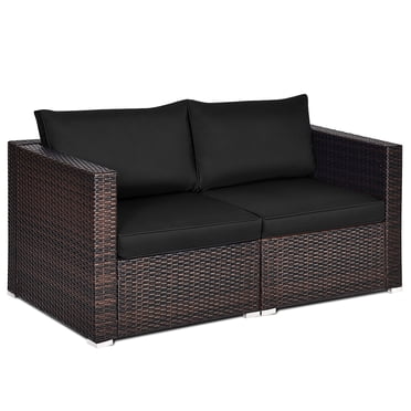 Patiojoy Ensemble de Canapé d'Angle en Osier pour Patio 2 Pcs Causeuse en Rotin avec Coussins Amovibles Noir