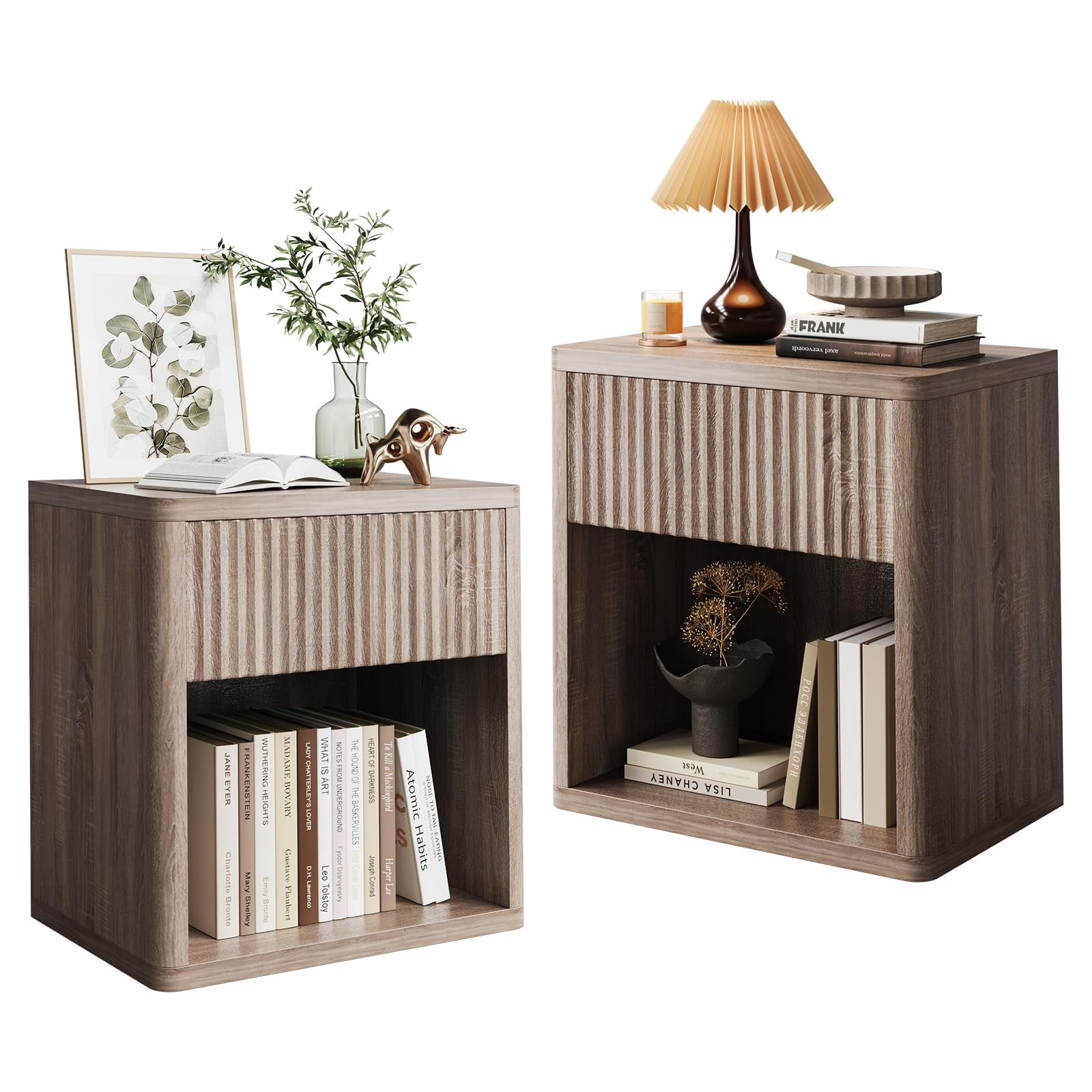 Night Stand Set of 2 with Drawer, Fluted Bed Side Table – Mid-Century Modern Farmhouse Nightstand for Bedroom, Living Room, Sofa & Office