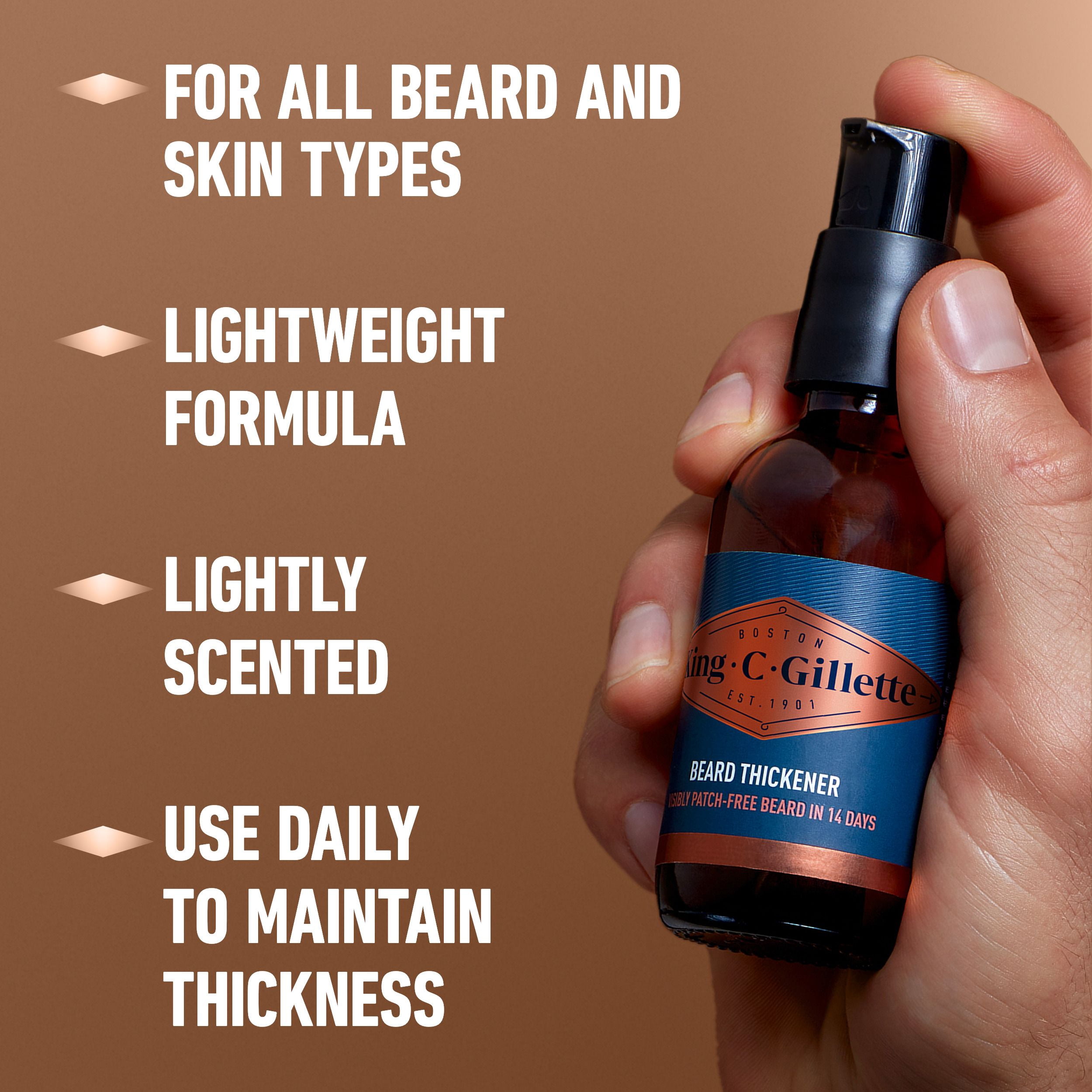 King C. Gillette Beard Thickener infused with caffeine, and King C. Gillette Signature Scent