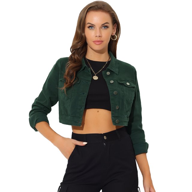 INSPIRE CHIC Veste de Rentrée pour Femme Manches Longues à Simple Boutonnage Veste en Denim Courte TP Vert Foncé