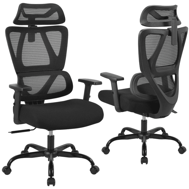 Chaise de Bureau Ergonomique en Maille avec Appuie-Tête 2D Réglable, Chaise de Direction pour Ordinateur à Dossier Haut avec Dossier et Siège en Maille Ventilée Noire. Comprend des Réglages Personnalisables comme des Accoudoirs 3D Réglables, un Soutien Lombaire Adaptatif et une Fonction d'Inclinaison de 90°-120° avec des positions Verrouillables. Conçue pour le Confort et une posture Saine, Elle Supporte jusqu'à 275 Lb et Offre une base Pivotante à 360°. Présentée en Vue avant et Arrière.