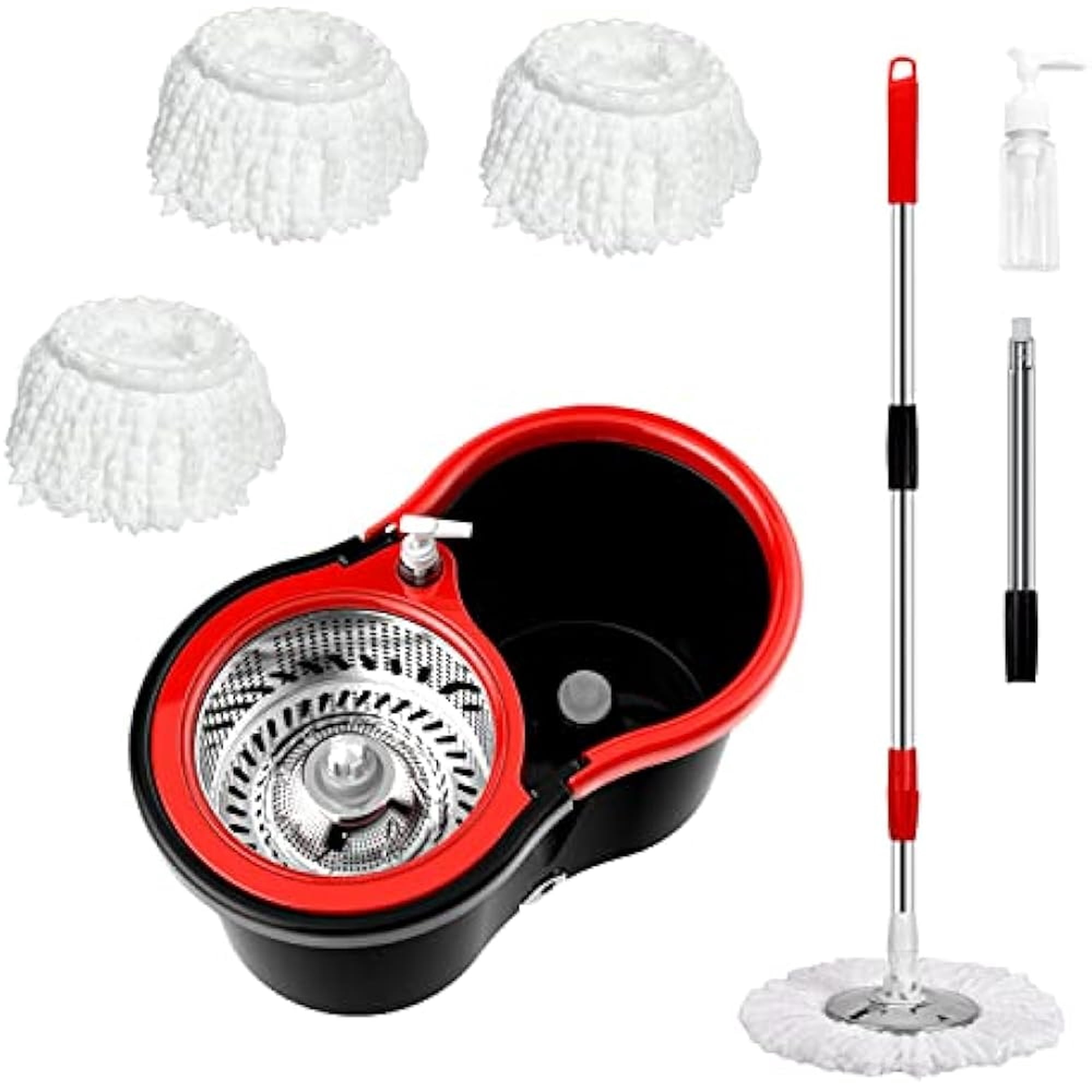 Toytexx Spin Mop and Bucket Set with Wringer, 360° Rotating Microfiber Mop, Adjustable Stainless Steel Handle, 3 Mop Heads, Soap Dispenser