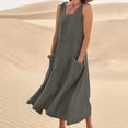 thumbnail image 2 of BiZtdJrK Robe Débardeur Bohème pour Femmes Été Sans Manches en Lin Robe de Plage Unie Col Ras du Cou Plissée Décontractée Robes d'Été avec Poches, Gris, G, 2 of 8