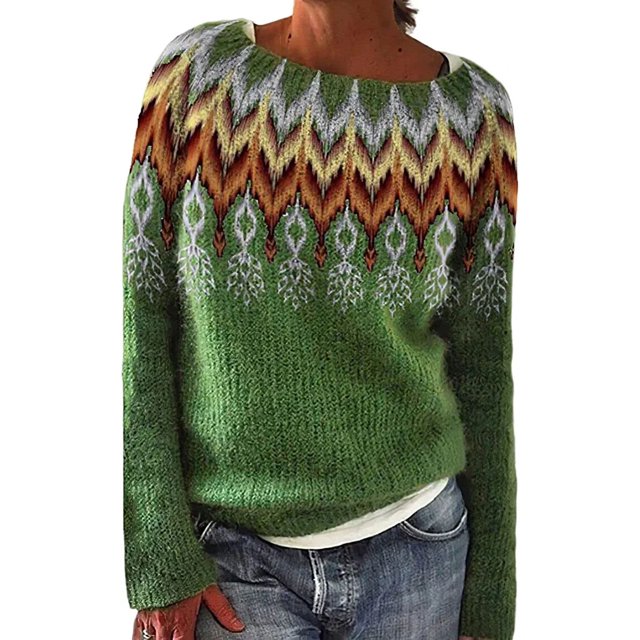 MesaSe Chandail Imprimé Fair Isle pour Femmes Style Vintage Aztèque Paysage de Montagne Col Rond Tricoté