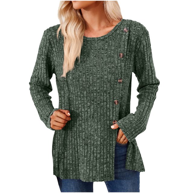 Birdeem Women's Solid Short Color Casual Long Sleeve New Round Neck Solid Color Panel Button Long Sleeve Loose