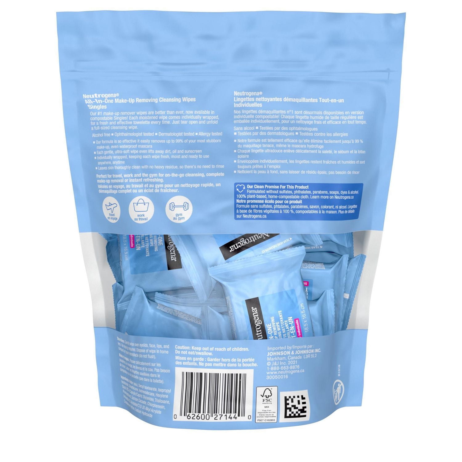 Lingettes nettoyantes démaquillantes tout-en-un Neutrogena, démaquillant pour mascara hydrofuge, non parfumées, à fibres végétales