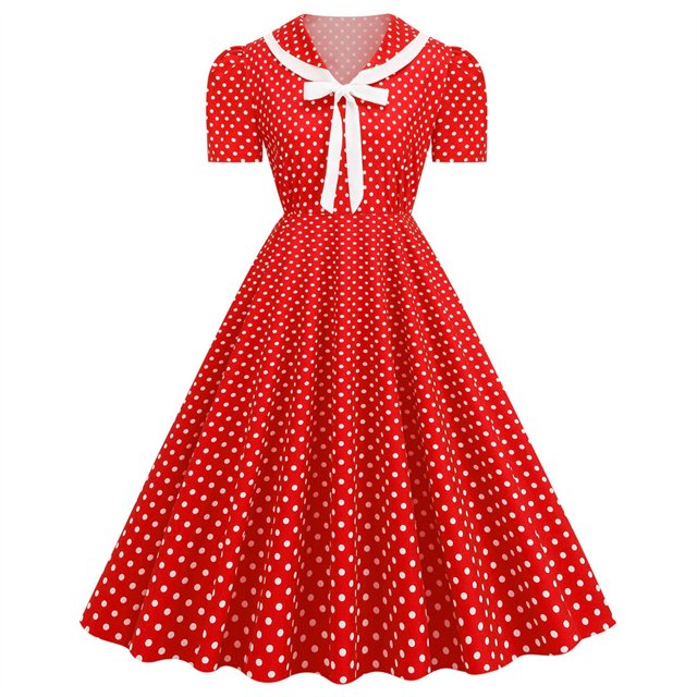 Pisexur Robe à Manches Courtes à Col en V Mode Femmes Robe Trapèze Évasée Vintage Nœud Papillon Bal Col en V Manches Courtes Robe à Pois pour Femme