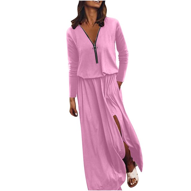 Gspmoly Robes pour Femmes Grande Taille, Robe Décontractée pour Femmes à Taille Élastique à Manches Longues avec Fermeture Éclair, Robe à Col en V, Offres de Robes de Travail pour Femmes