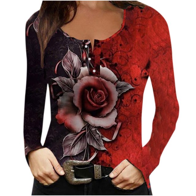 CEHVOM Femmes Aguichant Ajusté Boutons Décontracté Imprimé Manches Longues Col Rond Chemises Blouses Hauts