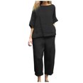 thumbnail image 1 of Timegard Ensemble 2 Pcs Grande Taille pour Femmes Manches 1/2 Col Rond Hauts Décontractés Amples Pantalons Raccourcis avec Poches Ensembles, 1 of 7