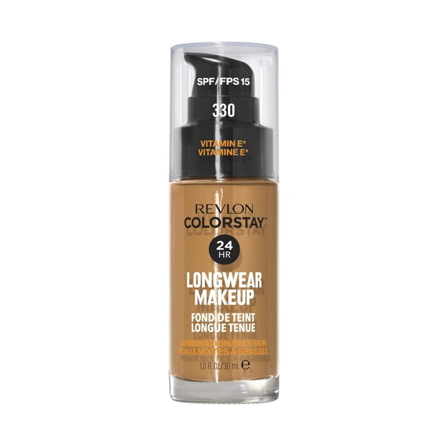 Revlon Colorstay Longwear Makeup Combo/Oily, 30mL pump bottle in shade 330 with SPF 15 and Vitamin E, providing 24-hour wear and oil control for combination to oily skin with a matte finish, suitable for humid climates.