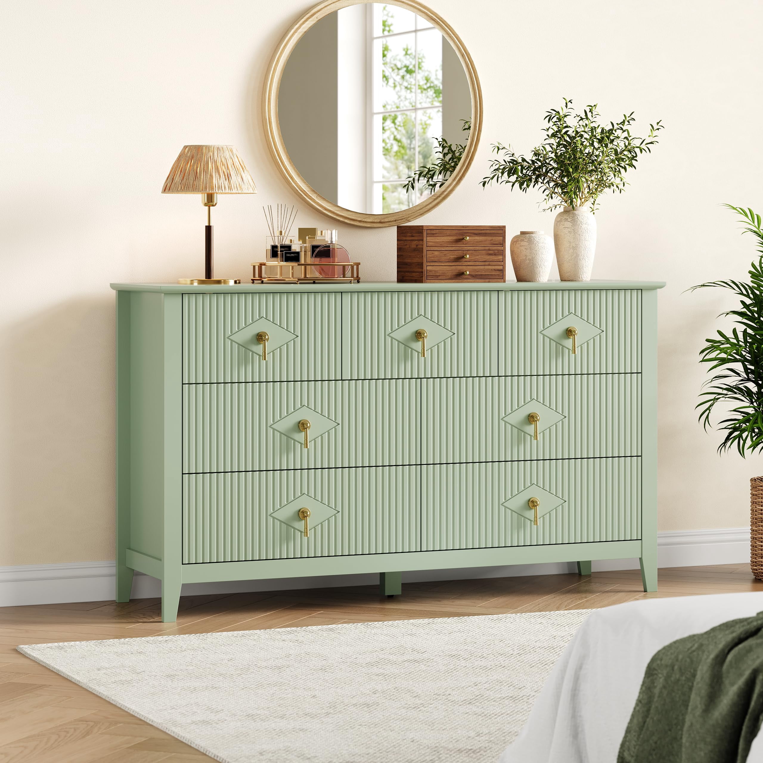 AKDSteel Dresser For Bedroom With 7 Drawers, 54 Inch Wide Modern Chest Of Drawers With Metal Handle, Wood Drawer Organizer And Dresser Tv Stand For Bedroom, Living Room, Or Hallway