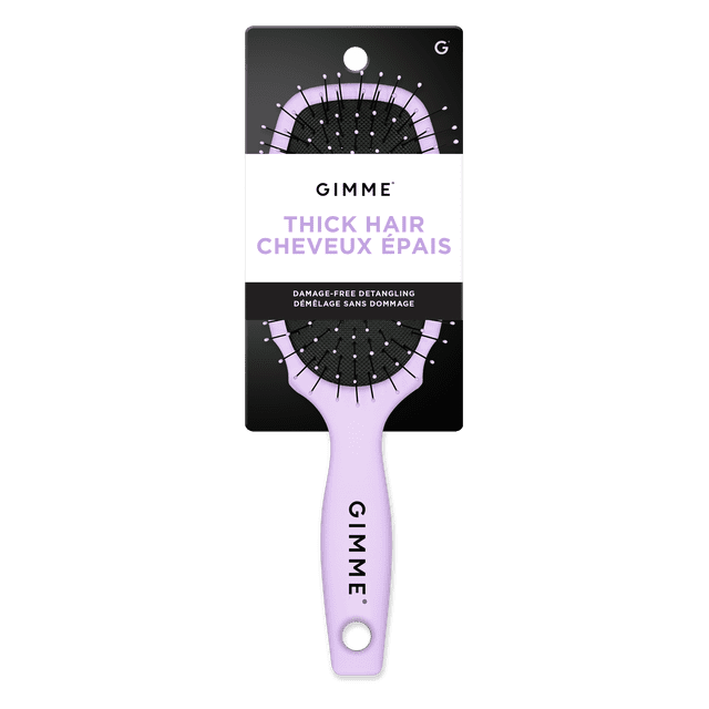 Gimme Thick Hair Detangling Brush in purple with a paddle shape, featuring black heat-resistant synthetic bristles tipped with purple beads on a black cushioned base, designed for smooth, damage-free detangling of thick hair, with a comfortable grip handle and hanging hole, also suitable for detangling wet or dry hair.