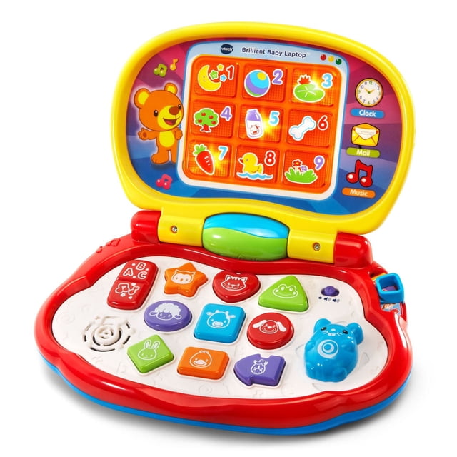 VTech Brilliant Baby Laptop Toy with a yellow lid and red base, featuring nine brightly colored shape buttons with animal icons, a movable blue mouse, and a light-up screen displaying numbers and animal images, designed for infant educational play and motor skill development.
