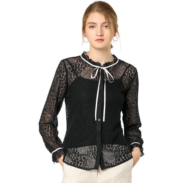 INSPIRE CHIC Women's Ruffled Collar Long Sleeve See Through Lace Button Down Shirt