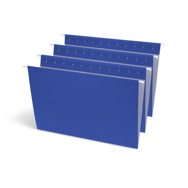 Continental Letter Size Hanging Folders in navy colour, 6 count, shown in a front 3/4 view. Each folder has reinforced steel rods with coated tips for durability and smooth sliding in file drawers. Features 2" and 3.5" adjustable tabs on front and back panels and a lighter interior to prevent misfiling. Made from 11 pt. 100% recycled paper with at least 60% post-consumer material, ideal for office filing and colour-coded document organization.