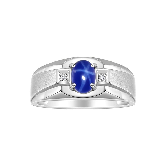 RYLOS Men's Rings Sterling Silver Classic 7X5MM Oval Gemstone & Diamond Ring Blue Star Sapphire September Birthstone Rings For Men, Silver Rings, Size 12