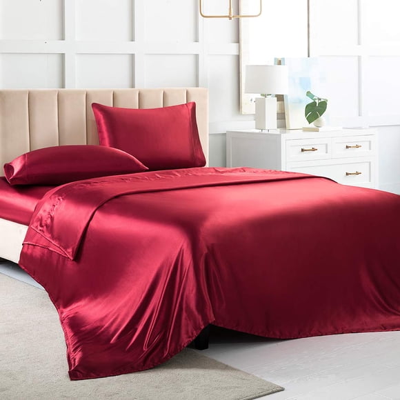 Satin Bed Sheets Queen Sheet Set, Red Silk Sheets, 4 - Pieces Soft Bedding Set with 1 Deep Pocket Fitted Sheet,1 Flat Sheet,2 Pillowcase