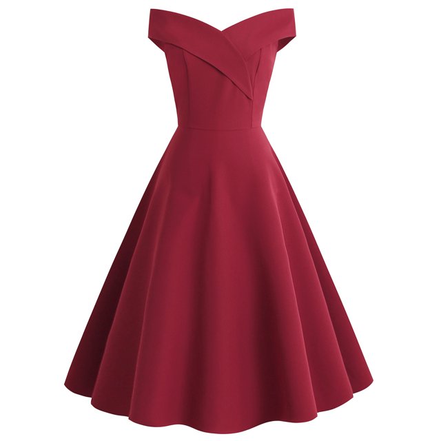Leutsin Robe d'Été pour Femme à Épaules Dénudées, Col en V, Vintage, Unie, Évasée pour Fête