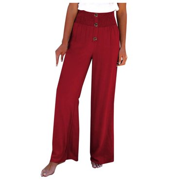 VEKDONE Pantalon en Coton et Lin à Boutons pour Femmes Extensible Taille Haute Pantalon Palazzo à Boutons Couleur Unie Coupe Ample Jambes Larges Vin TG